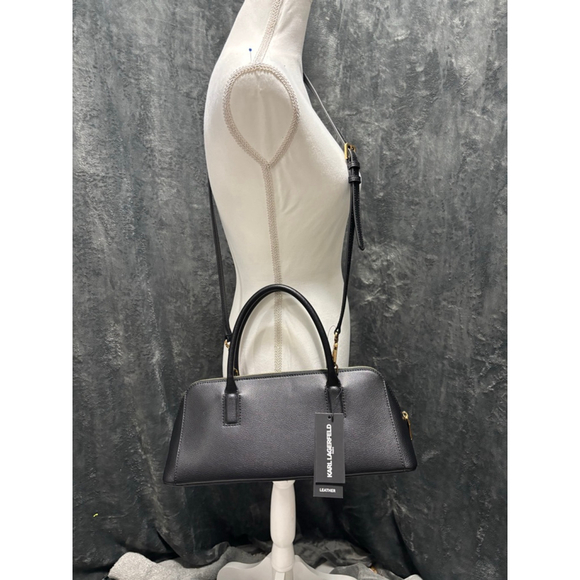 NWT Karl Lagerfeld Black Leather Shoulder & Crossbody w/Gold Tone Bag Charm - Picture 4 of 13